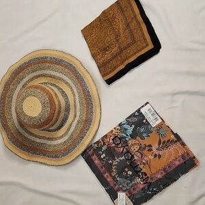 Set of Vismaya Rhapsody Scarf, Paisley Pattern Scarf, and D&Y Sun Hat